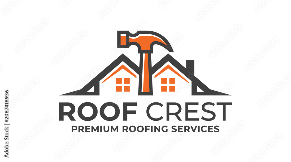 Fototapeta premium Roof Crest Premium Roofing Services logo with houses and hammer.