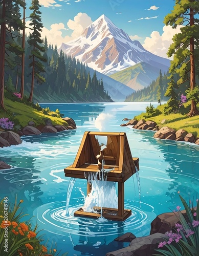 Scenic lake landscape with wooden fountain
