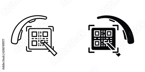 Person's finger touching QR code with augmented reality glasses overhead clean background isolated