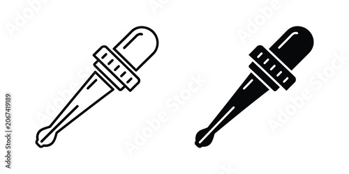 Pipette dropper icon set with sample liquid in outline and solid fill for science and medical labs