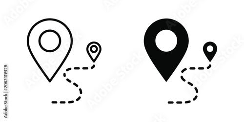 Two map location pins with dashed line path in white and black contrast for navigation concept
