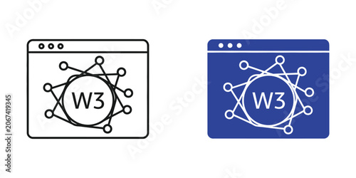 Web 3 interconnected nodes symbol inside browser window with network diagram on blue background