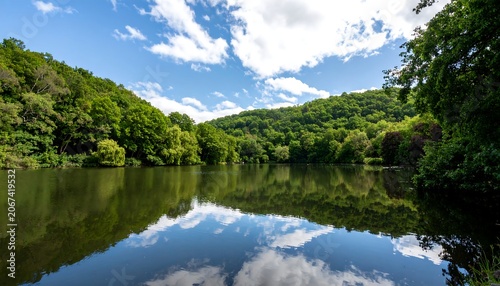 Scenic lake nestled in lush green hills under a partly cloudy sky