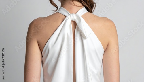Blank halter neck gown worn mockup, back bow tie detail fashion shot