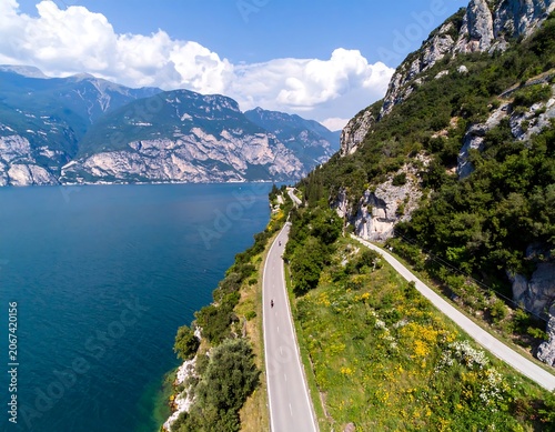 Scenic lake road winding through mountains