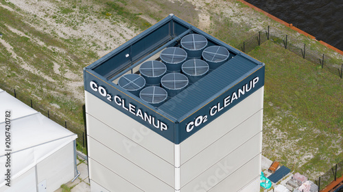 Alkmaar, Netherlands - 09 June 2026: Aerial drone view of a scalable direct air capture facility in Alkmaar, removing carbon dioxide from the atmosphere for permanent underground storage.