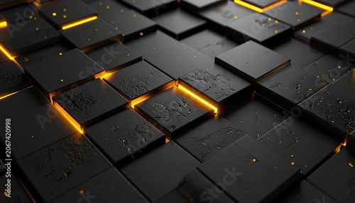 A geometric abstract pattern featuring a uniform grid of black squares with subtle glowing yellow accents