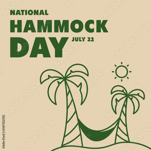National Hammock Day greeting card banner on July 22 with line art illustration of hammock hanging between palm trees, minimalist tropical summer holiday concept.