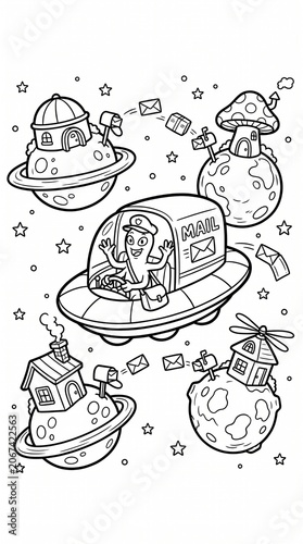 Alien Family Having a Picnic on Top of Their Spaceship Coloring Page