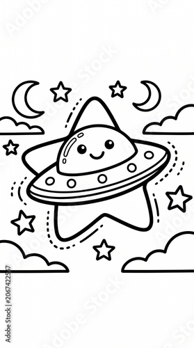 UFO Beaming Up a Cow from a Farm Field at Night Coloring Page
