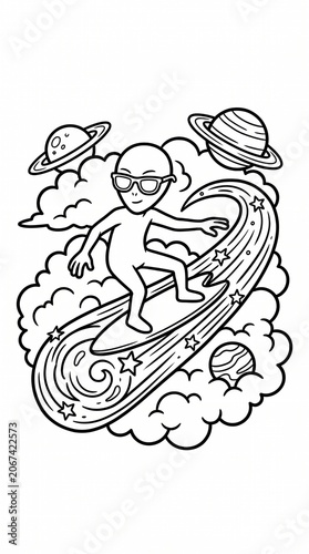Three Eyed Alien Taking a Selfie with a Smartphone on Earth Coloring Page
