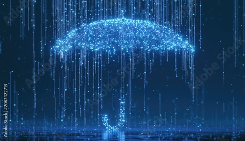 Abstract digital umbrella formed by glowing blue particles under digital rain