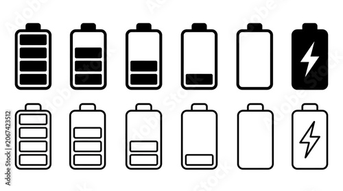 Foto Battery charge level icons black line art on white background