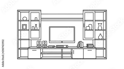 Photography Living Room Wall Unit With Television Line Art Illustration
