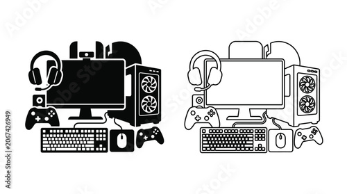 Obraz na plátně Gaming Setup Silhouette On White Background Computer Accessories