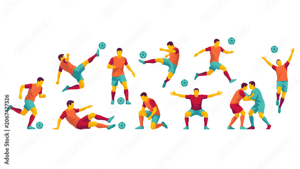 Fototapeta premium Assortment of flat soccer player in red uniforms, showing diverse isolated on transparent background png