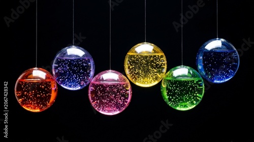 Colorful glass orbs with sparkling particles hanging in a row