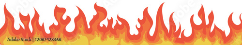 Abstract fire flame horizontal border layout, flat cartoon burning orange and yellow flames elements on white background.