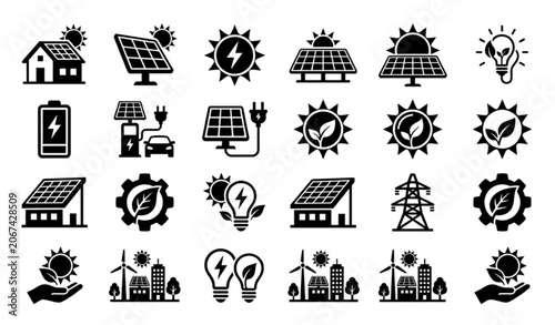 Black and white solar energy icon collection with photovoltaic panels sun power and sustainability symbols vector illustration