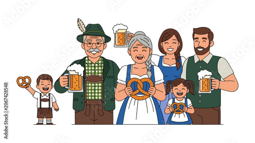 Oktoberfest Family Gathering: A cheerful family, dressed in traditional Bavarian attire, celebrates Oktoberfest with mugs of beer and pretzels, radiating happiness and communal spirit.
