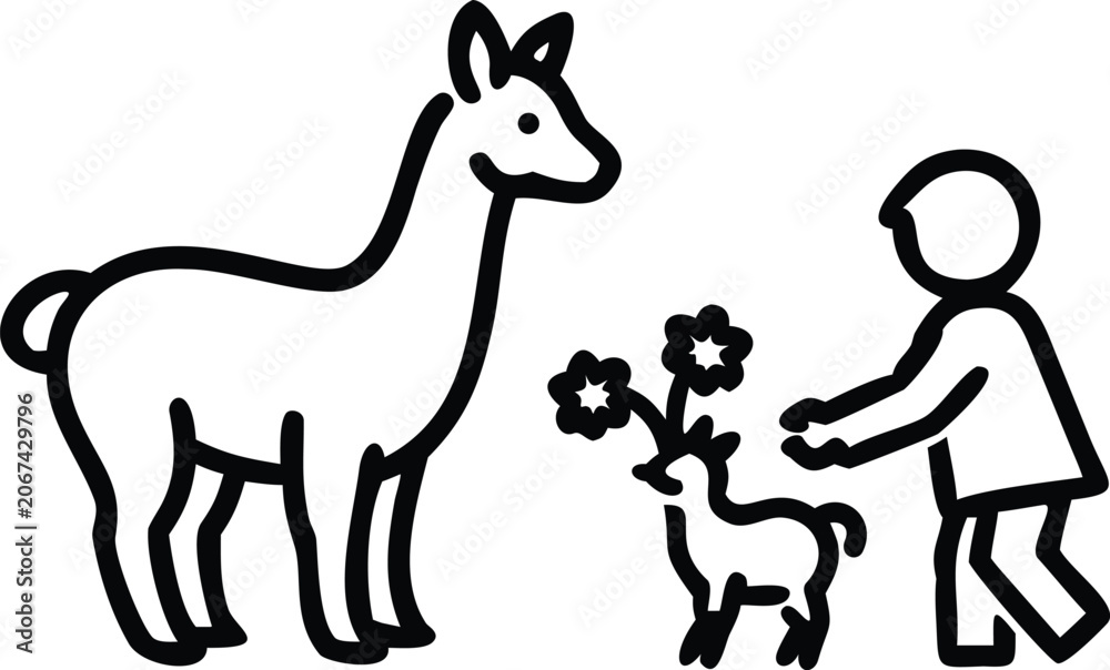 Fototapeta premium Minimalist Black and White Line Art Illustration of Child Offering Flowers to Baby Goat with Mother Goat