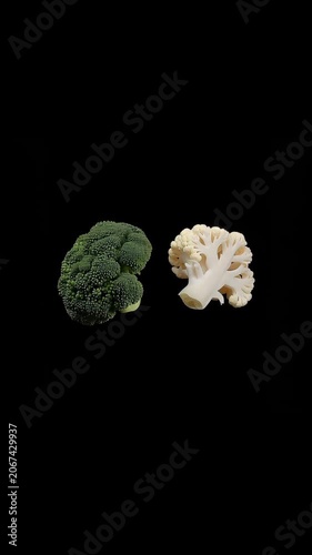 Rotating cauliflower and broccoli on a black background, vertical video featuring fresh healthy vegetables, clean food presentation and minimalist culinary concept
