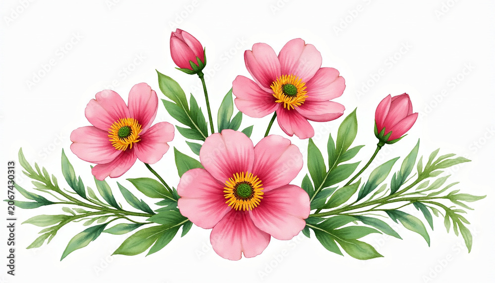 Obraz premium Pink Cosmos Flowers With Green Foliage Watercolor Illustration