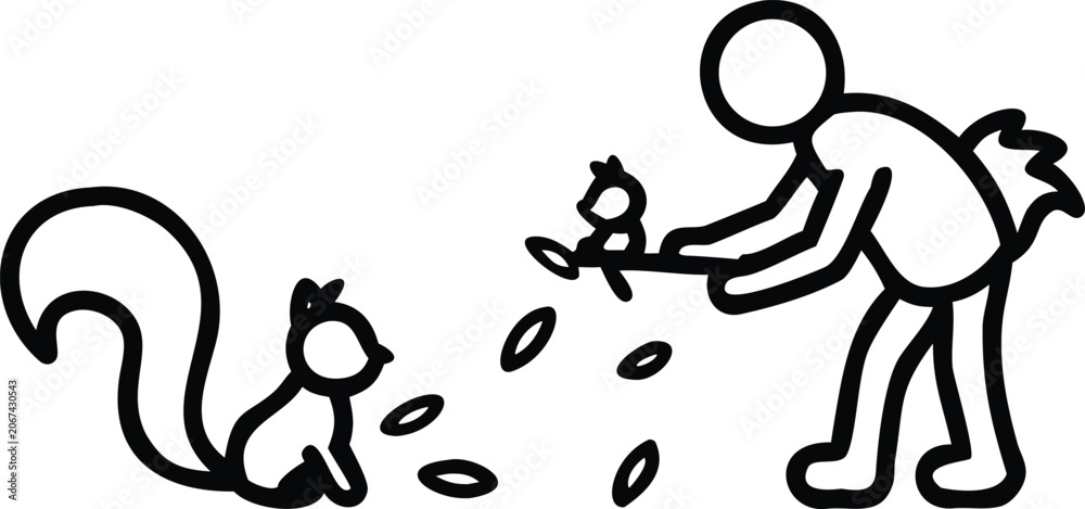 Fototapeta premium Minimalist Stick Figure Illustration of Person Kindly Feeding Squirrels with Nuts in Black and White Line Art