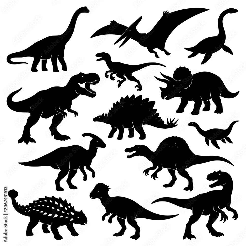 Obraz premium Dinosaur Silhouettes Vector Art Set of Assorted Prehistoric Reptiles, Including Stegosaurus, Triceratops and Tyrannosaurus