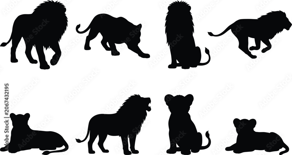 Fototapeta premium Silhouette illustration of lions and cubs in varied poses including walking, sitting, and crouching