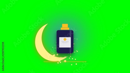 Perfume Bottle and Crescent Moon on Green Screen Background.