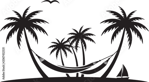 Black silhouette of a hammock between palm trees on a beach
