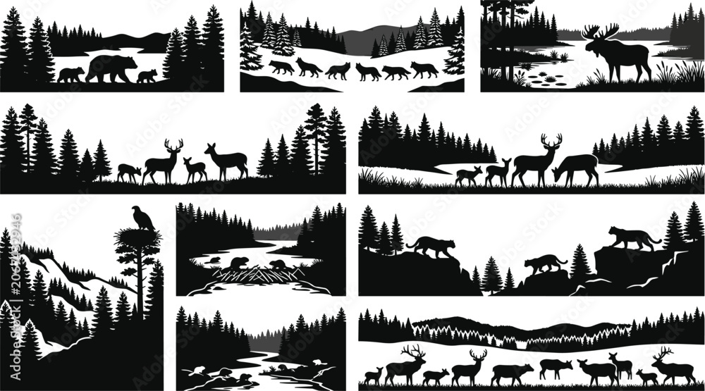 Obraz premium Wildlife Forest Silhouette Collection with Animals, Trees, Mountains and Nature Landscape Scenes