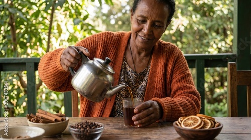 Ethiopian Senior Woman Pours Tea for International Self Care Day