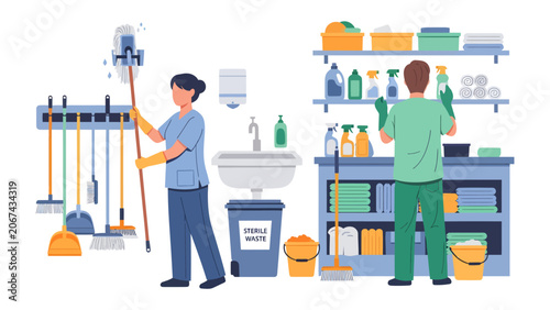 Фотография Cleaning Crew's Sanctuary: Two diligent professionals organize cleaning supplies and tools in a well-stocked supply room, maintaining pristine environments