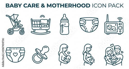 Prenatal and postnatal care line icon collection with motherhood symbols