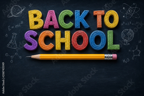 Back to School Concept with Colorful Wooden Letters and a Yellow Pencil on Dark Chalkboard Background with Scientific Doodles. Educational Banner with Copy Space for Learning and Academic Themes.