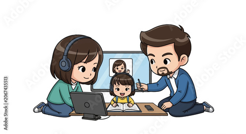 Chibi vector illustration of a mother and father assisting their young daughter with digital homeschooling using laptops and headphones while looking at a screen with a teacher.