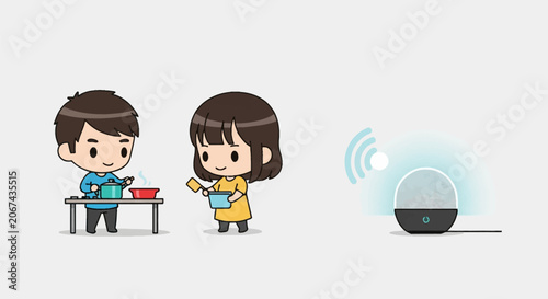Chibi couple illustration cooking on stove and preparing food while interacting with a wireless smart speaker voice assistant device. Vector art on plain white background.