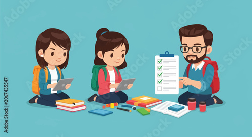 Vector chibi illustration of two young students with backpacks using digital tablets while a father or teacher reviews a checklist of school supplies on a blue background.
