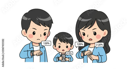 Chibi family illustration with parents and son checking smartwatches and smartphones with percentage data bubbles, depicting digital tracking and monitoring concept on white background.