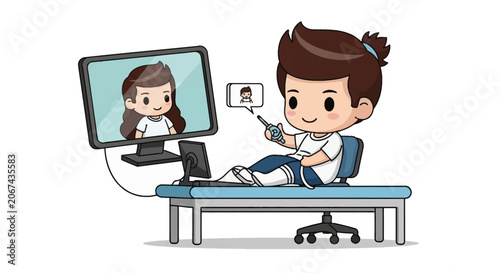 Chibi boy patient sitting on medical examination table participating in telehealth consultation via computer monitor screen, digital healthcare vector illustration isolated.