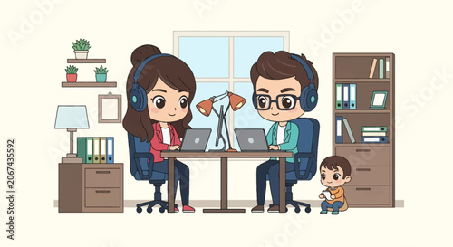 Kawaii chibi illustration of parents working on laptops with headsets in a home office, while their young child sits on the floor near a bookshelf and desk with office supplies.