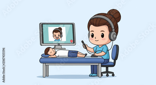 Chibi vector illustration of a healthcare professional in blue scrubs using headphones and a phone for a telehealth session while a child patient lies on a medical examination table.