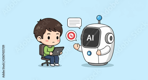 Cute chibi boy sitting in a chair using a digital tablet to consult with a white AI medical robot assistant featuring health icons and speech bubbles on a light blue background.