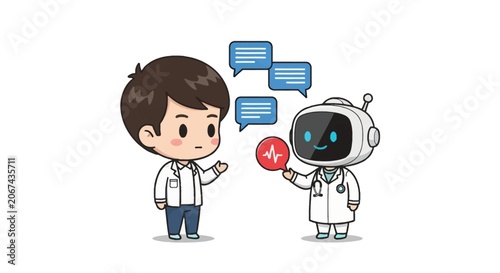 Vector chibi illustration of a man consulting a medical AI robot doctor in a white lab coat, featuring digital speech bubbles and a red heart rate EKG icon on a white background.