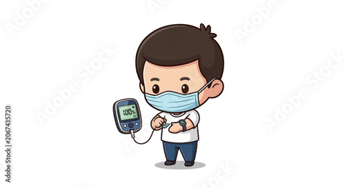 Cute chibi boy patient wearing a surgical face mask and using a digital blood glucose monitor for diabetes management, vector illustration isolated on a white background.