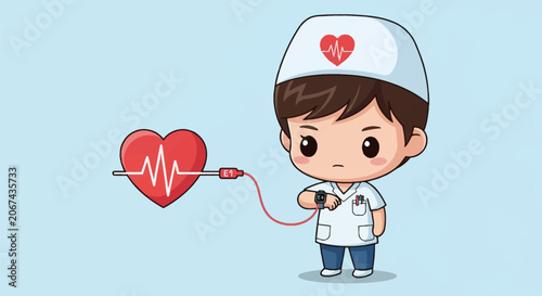Medical chibi character wearing white coat and cap looking at a smartwatch connected by a red cable to a large heart with EKG pulse line, vector art on light blue background.