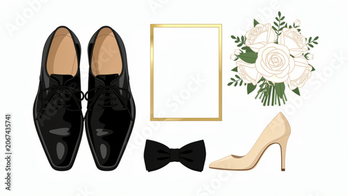 Elegant wedding accessories with black shoes white flower bouquet bow tie and photo frame for celebration themes