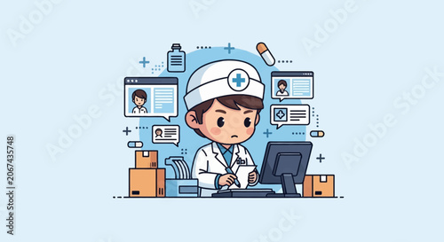 Chibi pharmacist in white lab coat working at desk with computer monitor, writing notes near medicine icons, pills, and shipping boxes on light blue background.